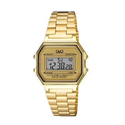 Afbeelding van Q&amp;Q model g17a 003jy digitaal horloge unisex retro goudkleurig 5 atm waterdicht datum stopwatch verlichting alarm