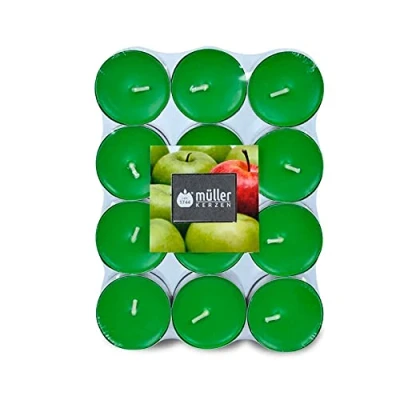 Afbeelding van Müller Geurkaarsen Theelichten Appelgeur 39x15 mm 4 Uur Brandtijd Groene Wax Lichtjes Set van 24 Stuks