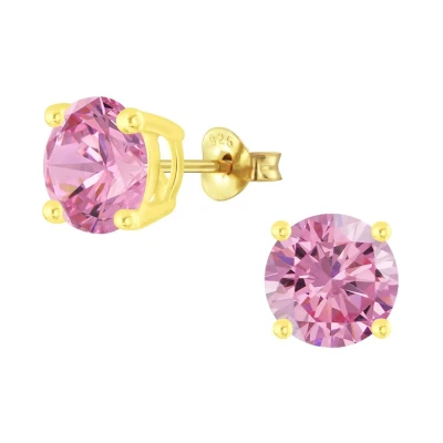 Afbeelding van JoyS Zilveren 8 mm oorbellen rond zirkonia roze 14k goudplating