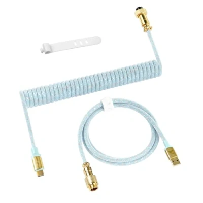 Afbeelding van ATTACK SHARK C03 USB C spiraalkabel gaming toetsenbord, kabel type naar A, gevlochten, dubbele mouwen, afneembare met vergulde stekker, hemelsblauw