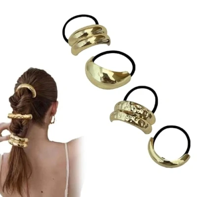 Afbeelding van Nieuwste 4 stuks gouden haarmanchetten, paardenstaart manchet, metalen haarband, cheerleading paardenstaarthouder, haarband haarmanchet, haarmanchetten voor paardenstaarten