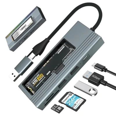 Afbeelding van Reagle USB C Hub &amp; M.2 SSD behuizing met 100W Power Delivery, 3.2 Gen 2, SD/microSD kaartlezer, aluminium RGB LED, voor NVMe SATA SSD, 10 Gbps overdracht