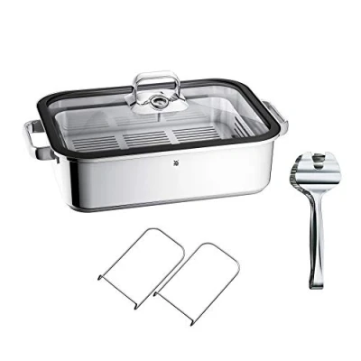 Afbeelding van WMF Vitalis Aroma stoompan, braadpan, inductie, 41 x 27 10 cm, ovenschaal 6,5 l, serveertang, glazen deksel, siliconen rand, thermometer, Cromargan roestvrij staal, ongecoat