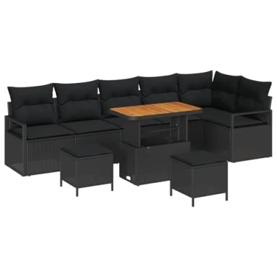 Afbeelding van vidaXL 9 delige tuinsofa set met kussens zwart poly rattan acacia