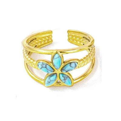 Afbeelding van Ring met Bloem RVS One Size Goudkleurig Steen Turquoise