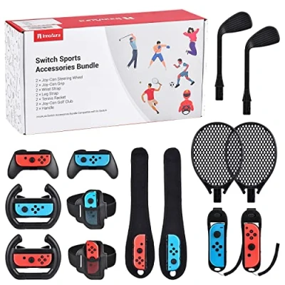 Afbeelding van 14 in 1 Switch Sport Accessoires Bundel, innoAura Bundel met Stuurwiel, Joycon Grip, Tennisracket, Glof Club, Polsband, Beenband Compatibel Switch/Switch OLED