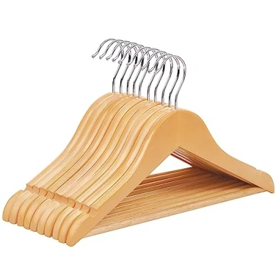 Afbeelding van SONGMICS Kleerhangers van massief hout voor kinderen, 10 stuks, met ophangstang, antislip, inkepingen, draaibare haak, 35 x 1,2 20 cm, houtkleur CRW006N01
