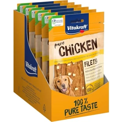 Afbeelding van Vitakraft Pure chick, kipfilets met kaas, vlezige hondenlekker, recyclebare verpakking, zonder toegevoegde suiker en granen (9 x 80 g)