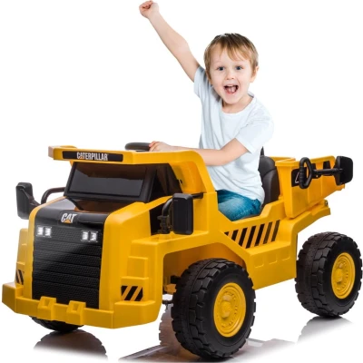 Afbeelding van Elektrische Kiepwagen, kipper met batterij voor kinderen van 3 tot 6 jaar, motorgeluid, claxon, achteruitversnelling en vooruitversnelling (Geel)