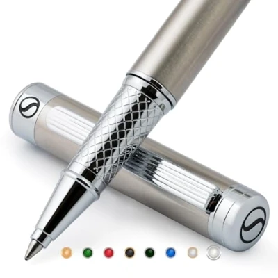 Afbeelding van Scriveiner balpen van roestvrij staal luxe metalen met zilver chroom afwerking, Schmidt inktpatroon, beste rollerball cadeauset voor mannen en vrouwen