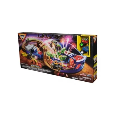 Afbeelding van Monster Jam, Supercharge Speedway speelset, inclusief Megalodon en El Toro Loco 1:64 schaal gegoten monstertrucks, lichtgevende wereldfinales track kinderspeelgoed voor jongens van 3 4 5 6+
