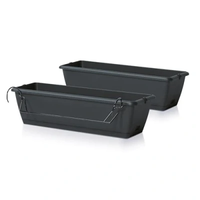 Afbeelding van Spetebo Balkonbloembak met houder en irrigatiesysteem, 2 stuks in 60 cm, kunststof leuning, plantenpot antraciet, bloempot om op te hangen waterafvoer
