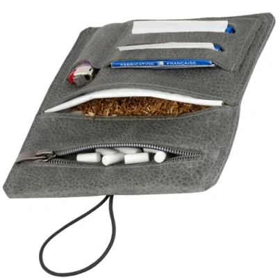 Afbeelding van Simaru Tabakszak van Echt Leer, Draaibare Sluiting, Opbergvakken voor Tabak, Filters en Aansteker (Dark Grey)