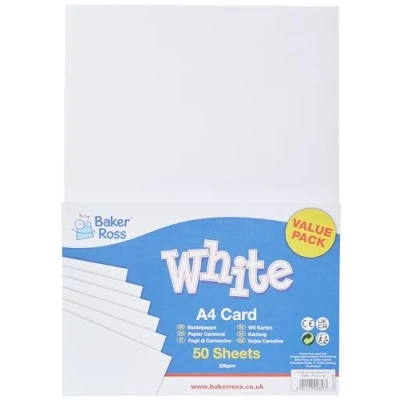 Afbeelding van Baker Ross E99A Grootverpakking knutselkarton in wit DIN A4 (50 stuks) 220 g/m² knutselpapier voor kinderen knutselprojecten