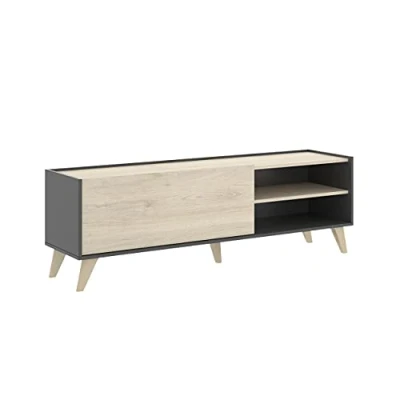 Afbeelding van NESS TV meubel 1 klep 2 nissen Grafiet en eiken decor L 155 x D 43 H 47 cm