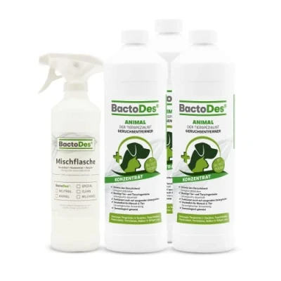 Afbeelding van BactoDes Dierengeurverwijderaar concentraat 3 x 1 liter incl. mengfles geurverdrijver voor kattenurine, hondenurine, en kleine dieren.