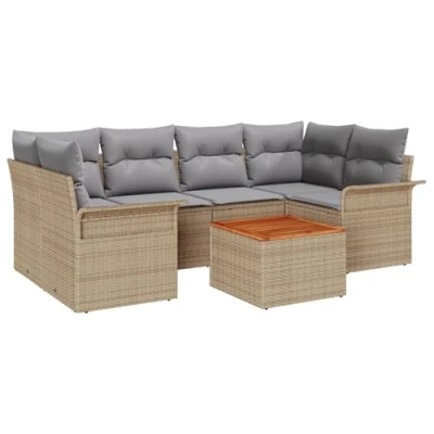 Afbeelding van vidaXL 7 delige tuin sofa set met kussens Beige Poly Rattan Acacia, 2 zits opslag &amp;