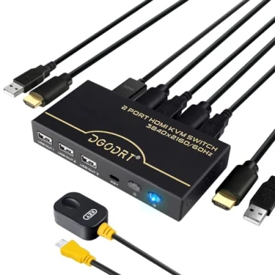 Afbeelding van HDMI KVM Schakelaar 2 Poorten, UHD 4K @60Hz RGB 4:4:4 USB Switch voor PC Share One Monitor Toetsenbord Muis Printer Scanner, met kabels &amp; kabel