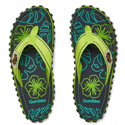 Afbeelding van Gumbies Originals blauw Flip Flops van gerecyclede materialen robuuste zool autobanden, zacht voetbed canvaskatoen, comfortabele katoenen teenbrug, lime hibiscus, 38 EU