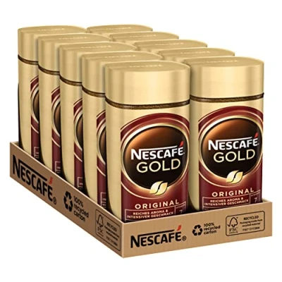 Afbeelding van NESCAFÉ GOLD Original, oplosbare bonenkoffie van voortreffelijke koffiebonen, cafeïnehoudend en aromatisch, verpakking 10 stuks (10 x 100 g)