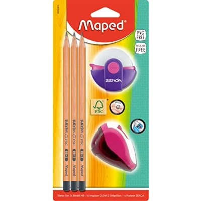 Afbeelding van Maped Starterset voor leerlingen van FSC gecertificeerd hout, 3 x potlood Black&#039;PEPS, 1x gum Zenoa, puntenslijper Clean groen, roze, blauw willekeurige kleurkeuze, 5 stuks (1 stuk)