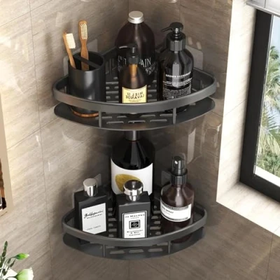Afbeelding van 2 stuks doucheplank zonder boren zwart hoekrek, driehoek douchemand, badkamerrek, douche voor badkamer keuken toilet