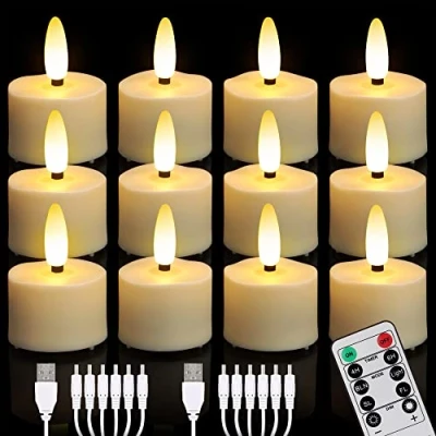 Afbeelding van FREEPOWER 12 oplaadbare led theelichtjes met afstandsbediening, timer, flikkeren, warmwit, dimbaar, elektrische kaarsen 2 USB kabels, Halloween, Kerstmis, huisdecoratie (Ø 4 x 5,5 cm)