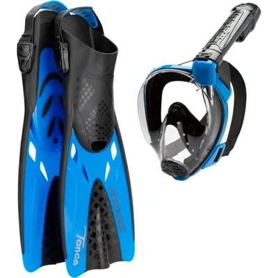 Afbeelding van CRESSI Baron + Tonga Combo Set Black/Blue L/XL Volgelaatsmasker, Breed Zicht, Anti fog Systeem, Gemakkelijk Ademen+Licht Verstelbare Vinnen, Zwart/Blauw,
