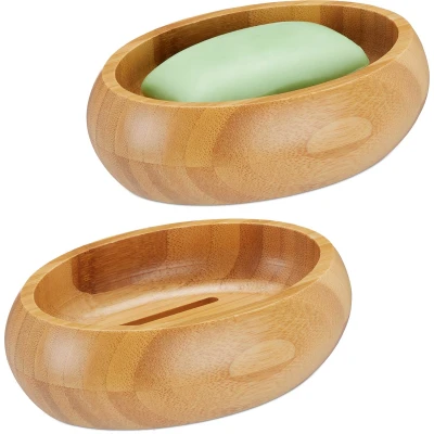 Afbeelding van Relaxdays 2x zeepbakje bamboe zeephouder badkamer zeepschaaltje wastafel accessoire