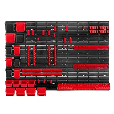 Afbeelding van KADAX Werkplaatswandrek, 116 x 78 cm, opslagsysteem van robuust kunststof, uv bestendig werkplaatsrek, uitbreidbare wandplaten, opbergrek voor garage, rood, 61 stuks