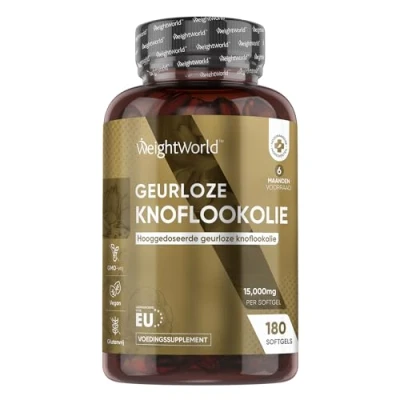 Afbeelding van WeightWorld Geurloze Knoflookolie softgels 15.000 mg 180 knoflook voor 6 maanden Geur en smaakloos