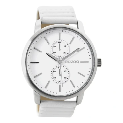 Afbeelding van OOZOO Timepieces Zilverkleurige horloge met witte leren band C9450