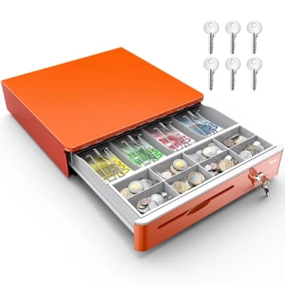 Afbeelding van Tera 405R automatische kassalade van 16 inch met microschakelaar 5 biljettenvakken en 8 muntvakken voor POS systemen uitneembare vakken bankbiljetten sleutelvergrendeling oranje