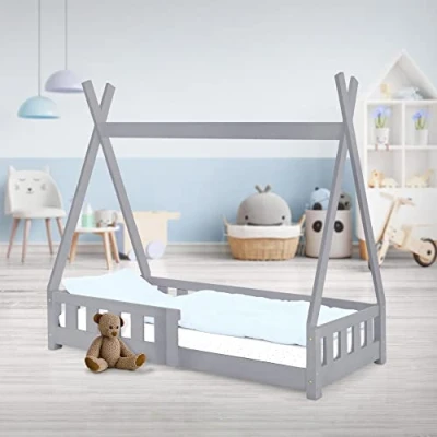Afbeelding van ML Design kinderbed tipi 70x140 cm lichtgrijs met uitvalbeveiliging en lattenbodem, grenen hout, indianenbed van massief hout voor meisjes jongens, huisbed hek kinderhuisje jeugdbed speelbed