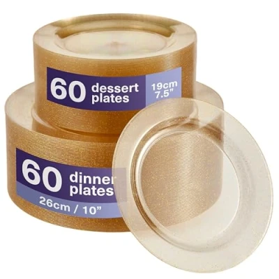 Afbeelding van MATANA 120 Herbruikbare Plastic Borden met Gouden Glitter voor Bruiloften, Verjaardagen en Feestjes (2 Maten: 60 x 26 cm, 19 cm)