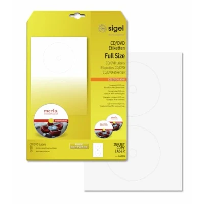 Afbeelding van SIGEL LA505 CD /DVD etiketten zelfklevend, bedrukbaar, wit, ondoorzichtig, 50 = 25 vellen, met centreerhulp, FullSize 17 mm binnengat