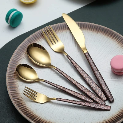 Afbeelding van bestekset, 30 stuks, met maanoppervlak, handvat en glanzende gouden mond, titanium coating, roestvrij staal, moderne gebruiksvoorwerpen, set servies voor 6 stuks