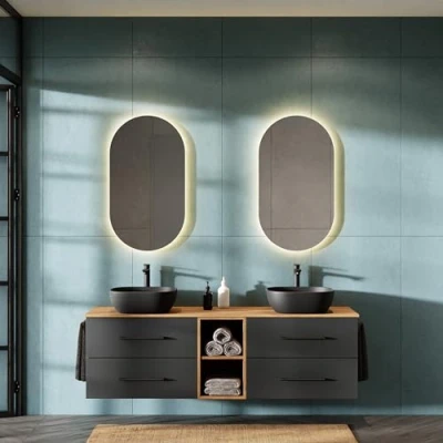 Afbeelding van Planetmöbel LUX Badkamermeubelset wastafel met onderkast 170 cm, 2 opzetwastafels 42 cm zwart, spiegels 50 (zonder led), wastafelonderkast goud eiken/antraciet