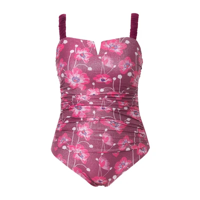 Afbeelding van Ulla Popken Dames grote maten plus size badpak scrunch bandjes buikversteviging, purper, 48