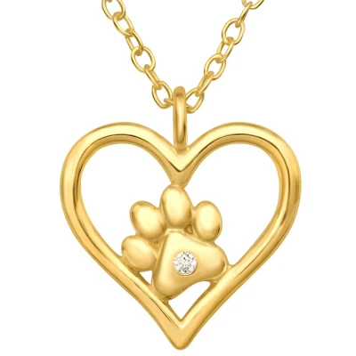 Afbeelding van JoyS Zilveren hartje hanger met dierenpootje inclusief ketting 45 cm poot afdruk 14k goudplating zirkonia kinderketting