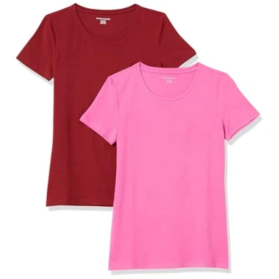 Afbeelding van Amazon Essentials Women&#039;s T shirt met korte mouwen en ronde hals in klassieke pasvorm, Pack of 2, Bordeauxrood/Roze, L