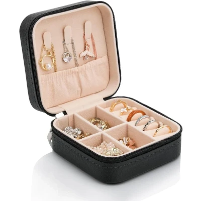 Afbeelding van Draagbare Sieradendoos voor dames Ritssluiting Perfect op reis Sieradenopslag Ringen Oorbellen Armbanden en kettingen (zwart)