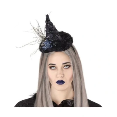 Afbeelding van Halloween heksenhoed mini hoedje op diadeem one size zwart met sluier meisjes/dames Verkleedhoofddeksels