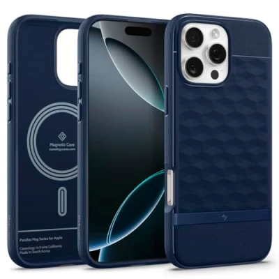 Afbeelding van Caseology Parallax Mag voor iPhone 16 Pro Max Case [Ergonomisch 3D Hexa Cube] Magnetische Militaire Klasse Valbescherming Hoesje Cover Midnight Blue