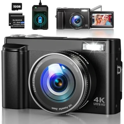 Afbeelding van digitale camera 4K, 48MP autofocus Vlogging met 32G kaart, oplaadbare compacte 3,0 inch 180 flipscreen, 16x zoom voor tieners, beginners en volwassenen