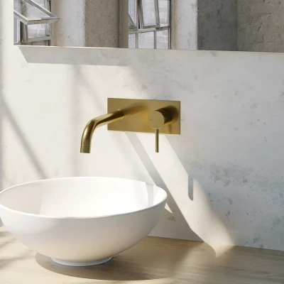 Afbeelding van Brauer Gold Edition Wastafelmengkraan inbouw gebogen uitloop links hendel lang smal afdekplaat model A 1 PVD geborsteld goud