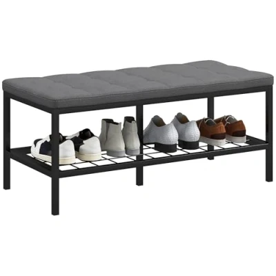 Afbeelding van HOMCOM Schoenenbank schoenenkast met gevoerd kussen en opbergrek, entreebank voor hal, slaapkamer, 90 x 41 40 cm, grijs