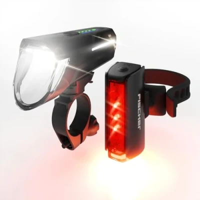 Afbeelding van Fischer Twin Stop 110 Lux, led fietsverlichtingsset, met sensormodus, lichtbreedte instelling, tot 8 uur lichtduur, zwart, 1 stuk