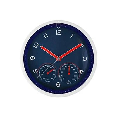Afbeelding van MPM Design kunststof wandklok, blauw, kwartsstappenmotor, hygrometer, thermometer, temperatuur en luchtvochtigheidsweergave, originele wijzerplaat