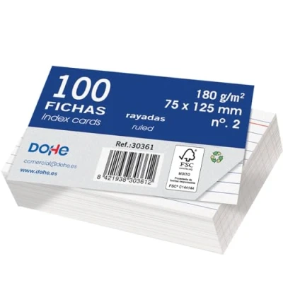 Afbeelding van Dohe Indexkaarten van karton, gelinieerd, 100 stuks, notitiekaarten, afmetingen 12,5 x 7,5 cm, 180 g/m², nr. 2, kantoormateriaal, wit